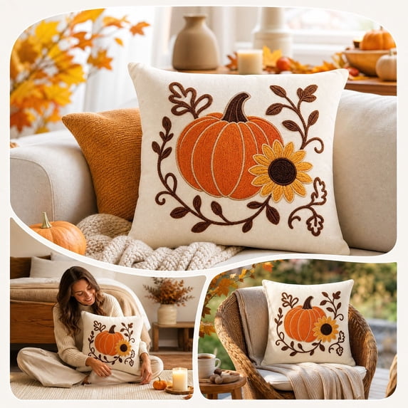 Thanksgiving Printed Linen Pillowcases 18X18 Inch, Fall Pillow Cover, Holiday Decoration Cushion Cover with Pumpkin Pattern for Living Room Bedroom