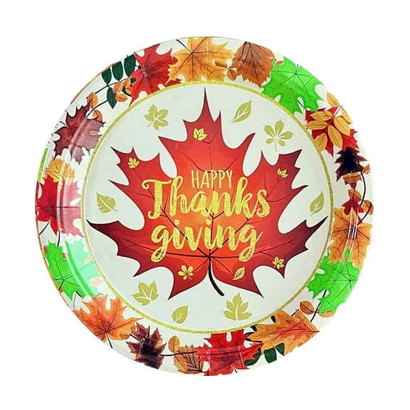 Thanksgiving Printed Paper Plates, 9" Round Disposable Tableware with Maple Leaf & Pumpkin Pattern, Autumn Party Supplies for Holiday Dining