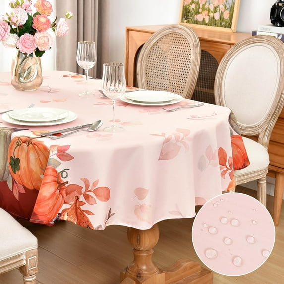 Thanksgiving Printed Waterproof Tablecloth Autumn Harvest Pumpkins Leaves Table Cloth Fall Oval Table Cover for Party Kitchen Dining Tabletop Decoration 60x84 Inch