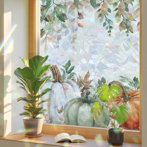 Thanksgiving Privacy Window Film, Decorative Stained Glass Window Film, Fall Sage Green White Pumpkin Maple Leaf Resuable Rainbow Static Cling for Home Bathroom Living Room Glass Door 17.7"x39.3"