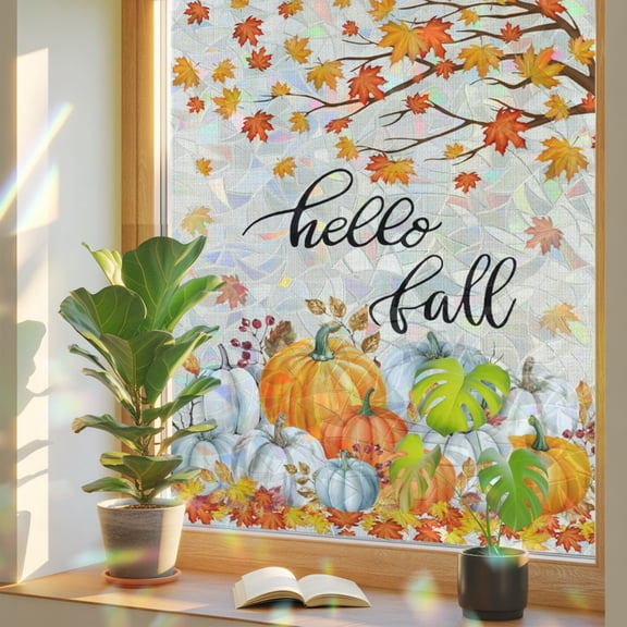 Thanksgiving Privacy Window Film, Decorative Stained Glass Window Film, Orange White Pumpkin Maple Leaf Branches Resuable Rainbow Static Cling for Home Bathroom Living Room Glass Door 17.7"x39.3"