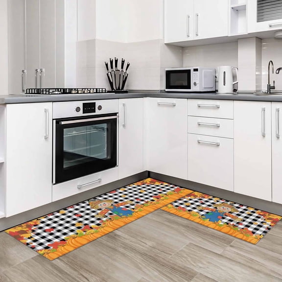 Thanksgiving Pumpkin 2 Pieces Non-Slip Kitchen Mat Set Fall Straw Man Leaves Farmhouse Plaid Soft Door Mat with Rubber Backing,Dirtproof Rugs for Entrance Doorway 23.6x35.4in+23.6x70.9in