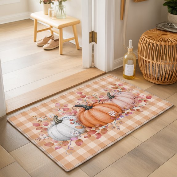 Thanksgiving Pumpkin 2'x3' Small Rugs for Entryway Front Door Kitchen Sink Area, Fall Country Leaf Orange Gingham Checkered Soft Sturdy Mats Washable Non Slip Rectangle Area Rug