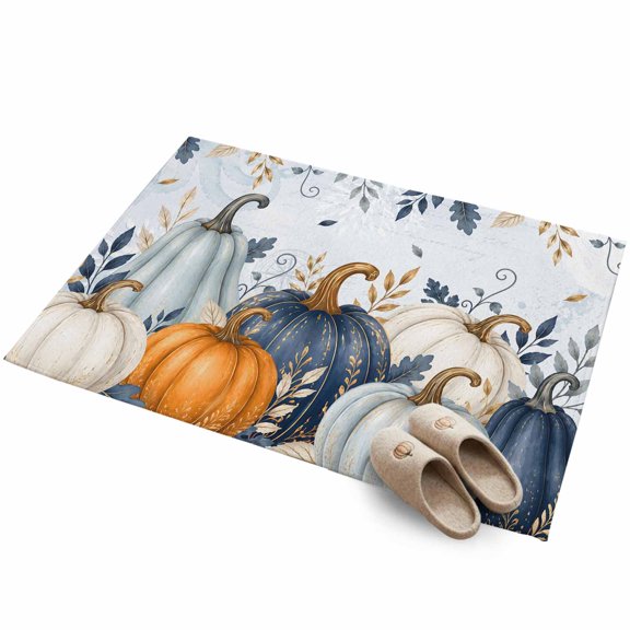 Thanksgiving Pumpkin 2'x3' Small Rugs for Entryway Front Door Kitchen Sink Area, Fall Harvest Orange Blue Teal Pumpkin Leaf Soft Sturdy Mats Washable Non Slip Rectangle Area Rug