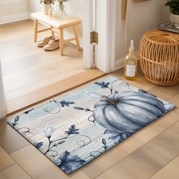 Thanksgiving Pumpkin 2'x3' Small Rugs for Entryway Front Door Kitchen Sink Area, Fall Vintage Farm Harvest Blue Pumpkin Flower Soft Sturdy Mats Washable Non Slip Rectangle Area Rug