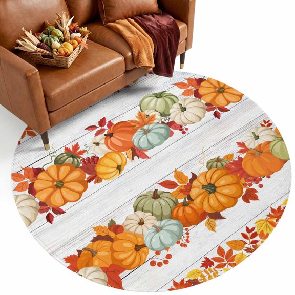 Thanksgiving Pumpkin 3.3' Round Washable Rugs for Bedside Reading Corner, Orange Green Pumpkins Leaves Wood Stain Proof Non Slip Circle Area Rug for Entryway Front door