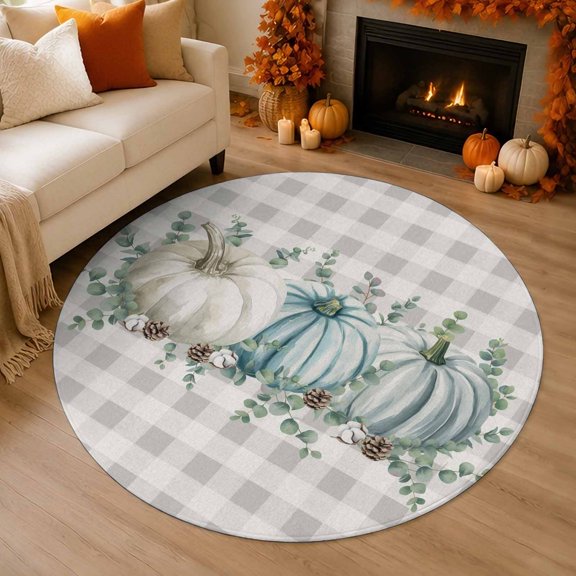 Thanksgiving Pumpkin 3' Round Rug for Bathroom Accent Bedside Corner, Autumn White Green Pumpkin Eucalyptus Leaf Grey Plaid Washable Non Slip Soft Circle Area Rug for Small Spaces Entryway