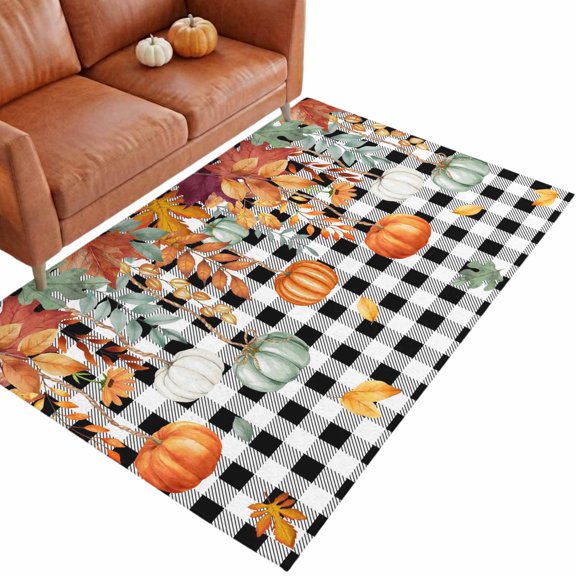 Thanksgiving Pumpkin 3'x5' Entryway Rugs for Bedroom Foot of Bedside Small Living Room, Autumn Orange Green Leaves Black And White Geek Washable Mats Non Slip Rectangle Area Rug