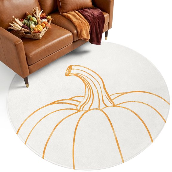 Thanksgiving Pumpkin 7' Round Rugs for Living Room Conversation Area, Fall Cream Pumpkins Orange Outline Rustic Washable Non Slip Large Circle Area Rug Under Dining Table