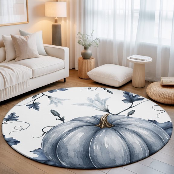 Thanksgiving Pumpkin 7' Round Rugs for Living Room Conversation Area, Fall Farmhouse Harvest Blue Pumpkin Flowers Washable Non Slip Large Circle Area Rug Under Dining Table