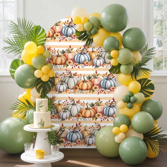 Thanksgiving Pumpkin Arch Backdrop Cover, 5FT, Fall Stripes Spandex Arch Covers Double-Sided Backdrop for Wedding Birthday Party Photo Background Decoration