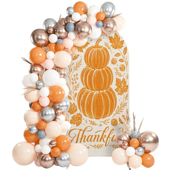Thanksgiving Pumpkin Arch Backdrop Cover 7.2Ft, Wedding Arch Covers Stretchy Backdrop, Farmhouse Orange Maple Leaves Fitted 2 Sided Arched Photo Background for Birthday Party Decorations