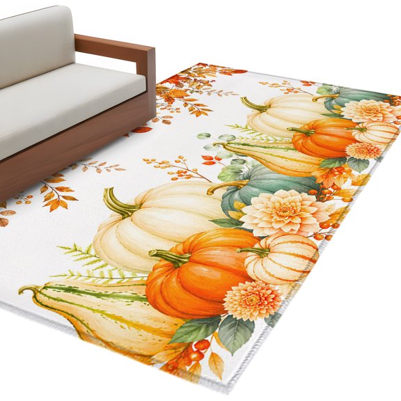 Thanksgiving Pumpkin Area Rug 3x5 Washable Rug Non Slip Orange Green Pumpkin Maple Leaf Fall Large Area Rug Indoor Floor Carpet for Entryway Bedroom Kitchen Living Room Office Dining Room Nursery
