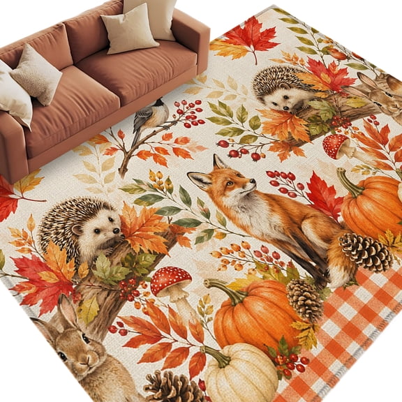 Thanksgiving Pumpkin Area Rug 5x8 Washable Rug Non Slip Fall Forest Botanical Animals Plaid Large Area Rug Soft Stainresistant Indoor Floor Carpet for Living Room Bedroom Office Dining Room Nursery