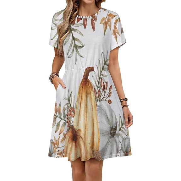Thanksgiving Pumpkin Autumn Maple Leaves Short Sleeve Dress Women Summer Evening Dresses Ladies Sundress