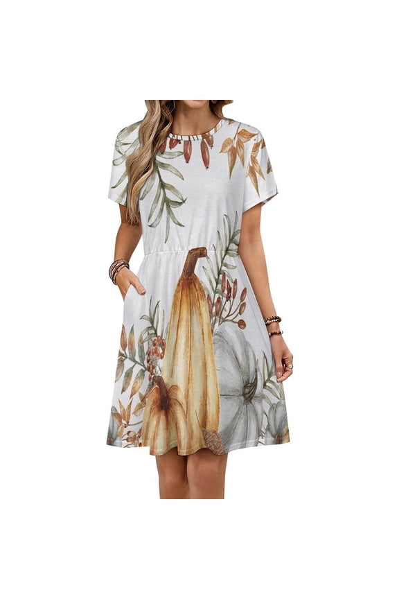 Thanksgiving Pumpkin Autumn Maple Leaves Short Sleeve Dress Women Summer Evening Dresses Ladies Sundress