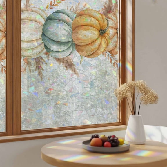 Thanksgiving Pumpkin Autumn Reed Window Privacy Film,Heat Control Sun Blocking Static Cling Rainbow Film,Fall Leaves Retro Linen Non-Adhesive Glass Sticker Door Window Tint,17.7" x 39.3"