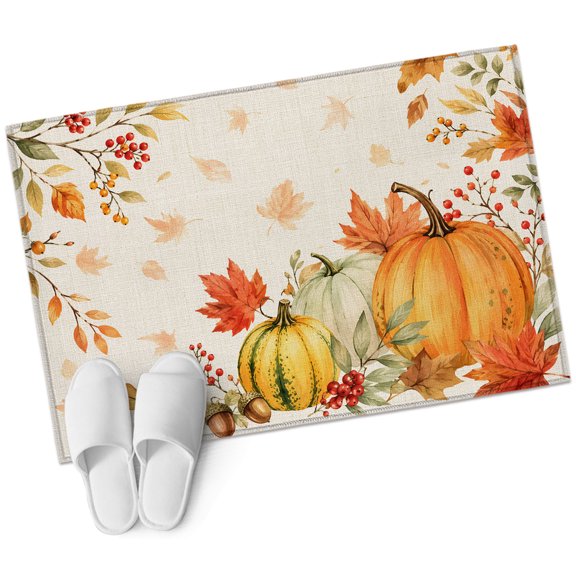 Thanksgiving Pumpkin Bathroom Rug Washable 2x3 Entryway Rug Non Slip Fall Farmhouse Orange Maple Leaves Front Door Mat Low Pile Indoor Doormat Throw Floor Carpet for Kitchen Bedroom Entrance