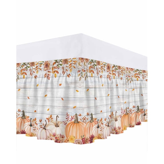 Thanksgiving Pumpkin Bed Skirt King Size 16 Inch Drop, Orange Pumpkin Flower Leaf Gray Wood Grain Wrap Around Dust Ruffle Bedskirts, Wrinkle & Fade Resistant Easy Fit Bedskirt with Adjustable Elastic