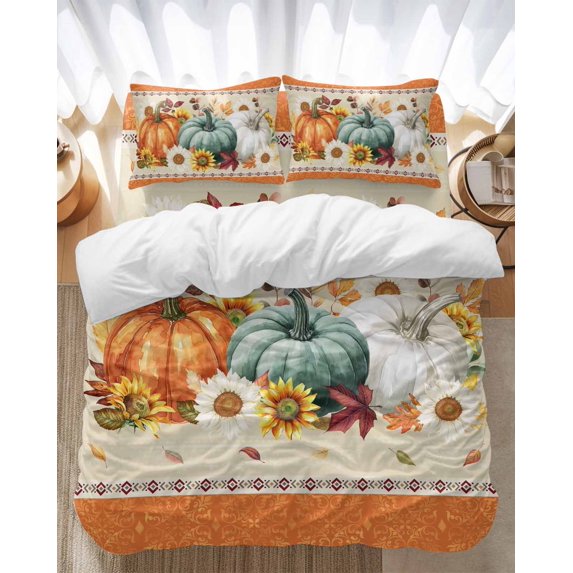 Thanksgiving Pumpkin Bedding Duvet Cover Set King Size 4 Pieces Fall Leaves Harvest Pastoral Bedding Set with Zipper Closure, 1 Comforter Cover 92x106 Inches 1 Flat Sheet & 2 Pillow Cases