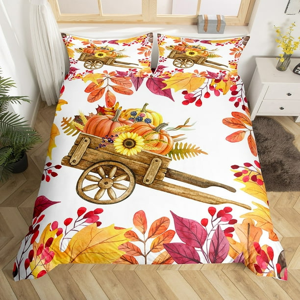 Hotsell Pumpkin Truck Handmade Bedding, Rustic Farmhouse Style Duvet Cover, Thanksgiving/Halloween Theme Fall Maple Leaves Comforter Cover, Orange