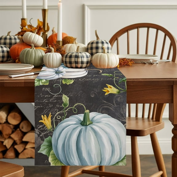 Thanksgiving Pumpkin on Blackboard Table Runner 13x36in Non-Slip Cotton Linen Table Runners, Abstract Country Plant Dresser Scarves TableRunner for Dinner Kitchen Dining Wedding Party