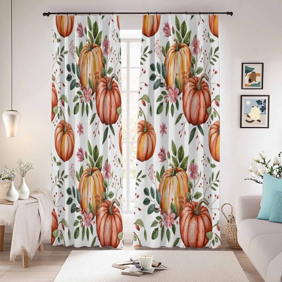 Thanksgiving Pumpkin Blackout Curtains for Bedroom/Living Room, Pinch Pleated Black Out Curtains, Orange Autumn Leaf Pink Floral Room Darkening Window Drapes with Hooks 2 Panels, 59"x70"