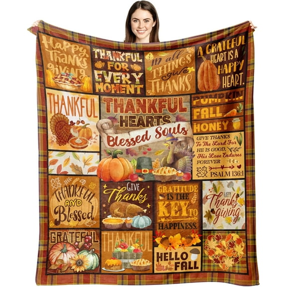 Thanksgiving Pumpkin Blanket, Thanksgiving Decor, Fall Decorations for Home, Fall Throw Blanket, Pumpkin Turkey Maple Leaf Plaid Blanket for Couch Bed Sofa 60" X 50"