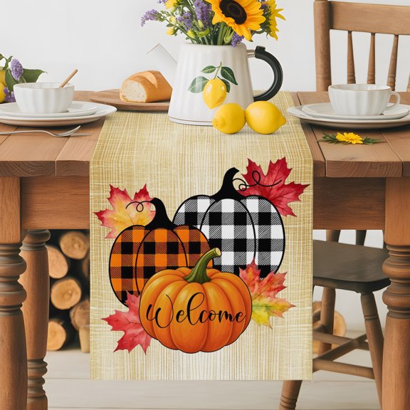 Thanksgiving Pumpkin Buffalo Plaid Table Runner 36 Inches Long, Fall Maple Leaf Plant Table Runners Tabletop Scarf Kitchen Dining Tables Decoration for Home Party Indoor Outdoor