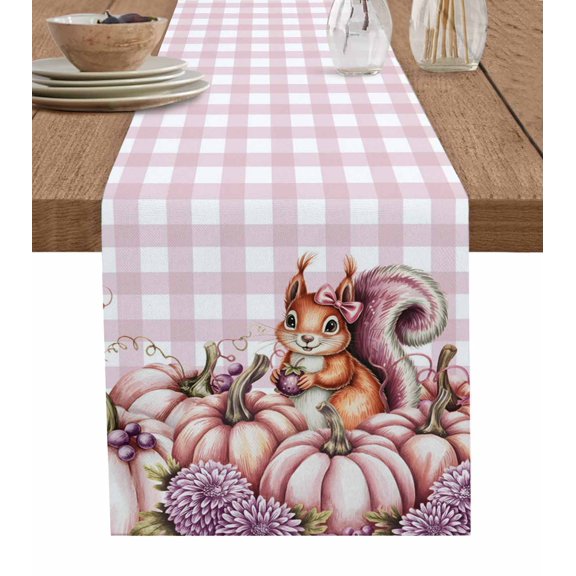 Thanksgiving Pumpkin Burlap Cotton Table Runner 13x108 Inches Long, Fall Squirrel Flower Retro Plaid Rustic Farmhouse Table Runners, Outdoor Dining Tablecloths Decor for Baby Shower/Party/Wedding