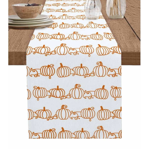 Thanksgiving Pumpkin Burlap Cotton Table Runner 13x36 Inches Short, Fall Vintage Simple Lines Country Farmhouse Table Runners, Outdoor Dining Tablecloths Decor for Baby Shower/Party/Wedding