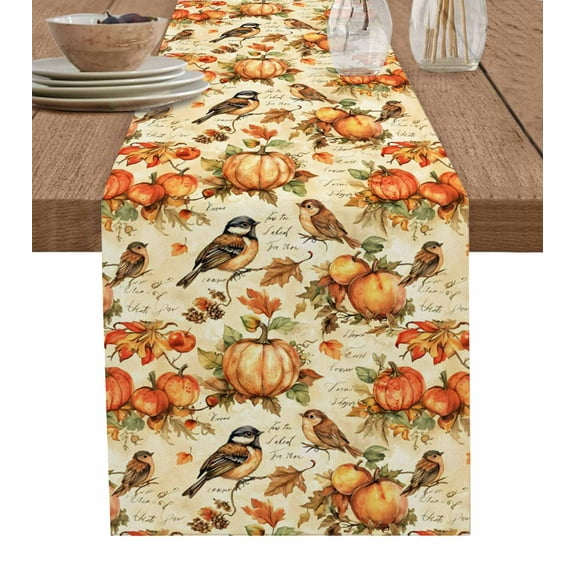 Thanksgiving Pumpkin Burlap Cotton Table Runner 13x48 Inches Long, Fall Orange Birds Vintage Leaf Country Farmhouse Table Runners, Outdoor Dining Tablecloths Decor for Baby Shower/Party/Wedding