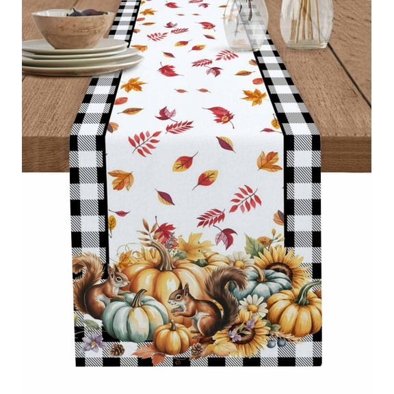 Thanksgiving Pumpkin Burlap Cotton Table Runner 13x70 Inches Long, Fall Leaves Flowers Plaid Country Farmhouse Table Runners, Outdoor Dining Tablecloths Decor for Baby Shower/Party/Wedding