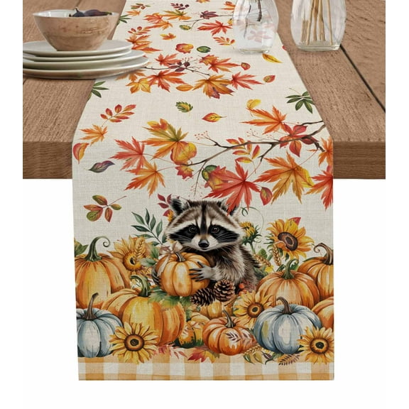 Thanksgiving Pumpkin Burlap Cotton Table Runner 18x72 Inches Long, Raccoon Fall Maple Leaf Retro Check Farmhouse Table Runners, Outdoor Dining Tablecloths Decor for Baby Shower/Party/Wedding