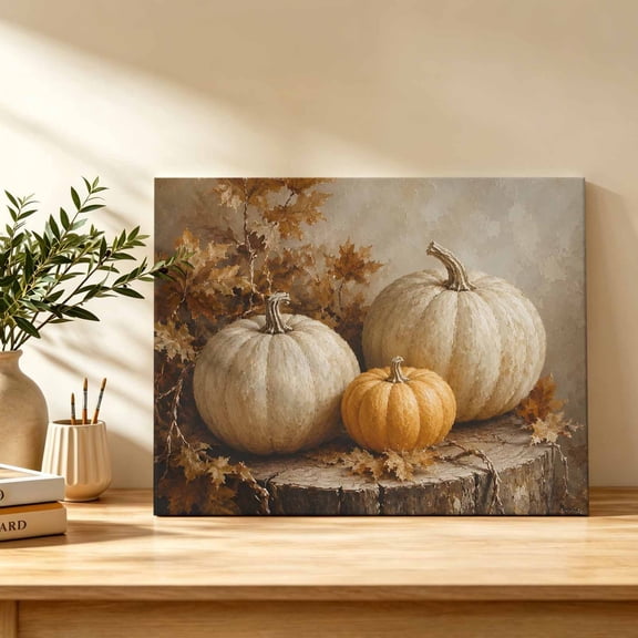 Thanksgiving Pumpkin Canvas Wall Art, Fall Country Farmhouse Vintage Maple Leaf Wall Art Prints Artwork Framed Canvas Ready to Hang Art Pictures for Bedroom Living Room Closet Kitchen 16" x 12"