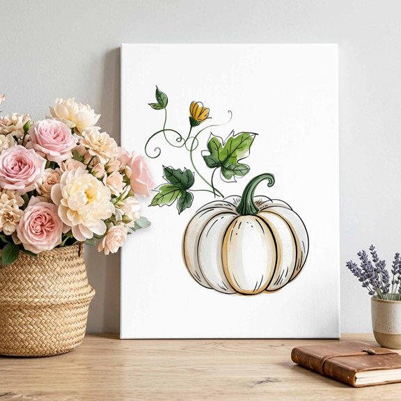Thanksgiving Pumpkin Canvas Wall Art for Living Room, Cartoon Pumpkin Green Leaf Flower Poster Print Painting for Bedroom Office Home Decoration Wall Pictures Prepare To Hang 20"x24"