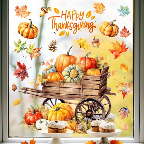 Thanksgiving Pumpkin Cart Glass Window Sticker, Reusable Fall Party Wall Decals For Door Or Mirror Decorations