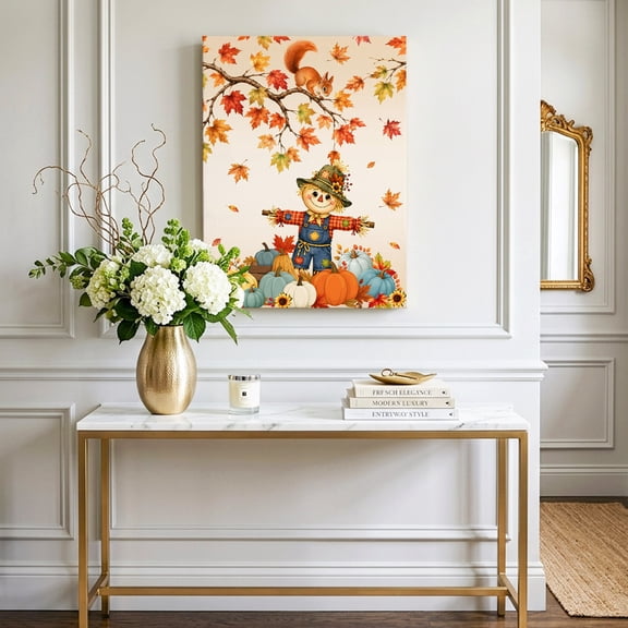Thanksgiving Pumpkin Cartoon Man Canvas Wall Art, Framed Wall Art Waterproof Canvas Prints Paintings 16"x24", Fall Maple Leaf Orange Gradient Oil Painting for Bedroom Living Room Bathroom Home Decor