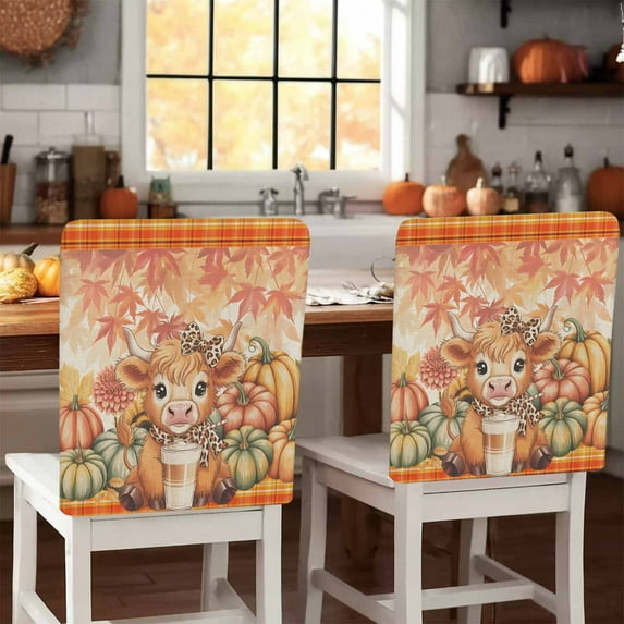 Thanksgiving Pumpkin Chair Covers Set of 4 Cow Maple Leaf Fall Vintage Chair Back Covers Stretch Removable Washable Slipcovers Protector for Dining Room Kitchen Party Decor
