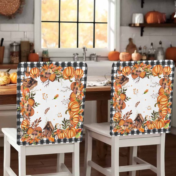 Thanksgiving Pumpkin Chair Covers Set of 6 Fall Leaves Mushroom Chair Back Covers Stretch Removable Washable Slipcovers Protector for Dining Room Kitchen Party Decor