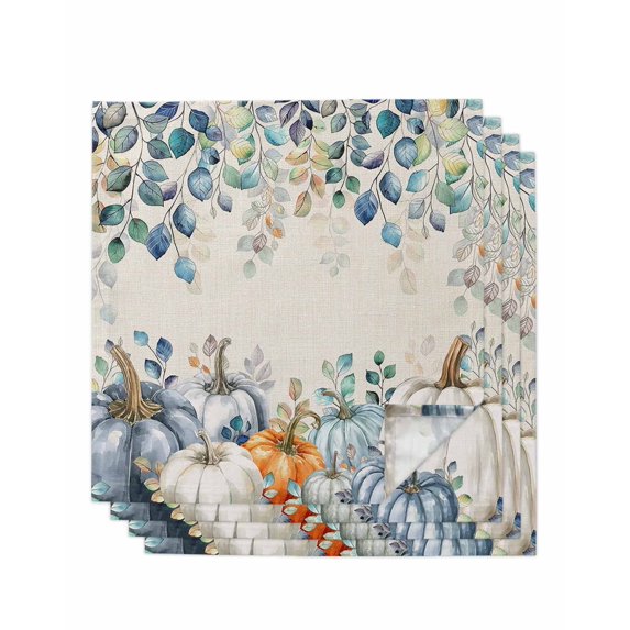 Thanksgiving Pumpkin Cloth Napkins Set of 4 Reusable Dinner Napkins, Fall Eucalyptus Autumn Leaves Beige Cocktail Napkin Washable Table Napkins for Wedding/Holiday Party/Baby Shower 20"x20"