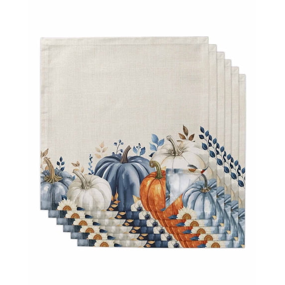 Thanksgiving Pumpkin Cloth Napkins Set of 6 Reusable Dinner Napkins, Fall Farmhouse Eucalyptus Leaves Cocktail Napkin Washable Table Napkins for Wedding/Holiday Party/Baby Shower 20"x20"
