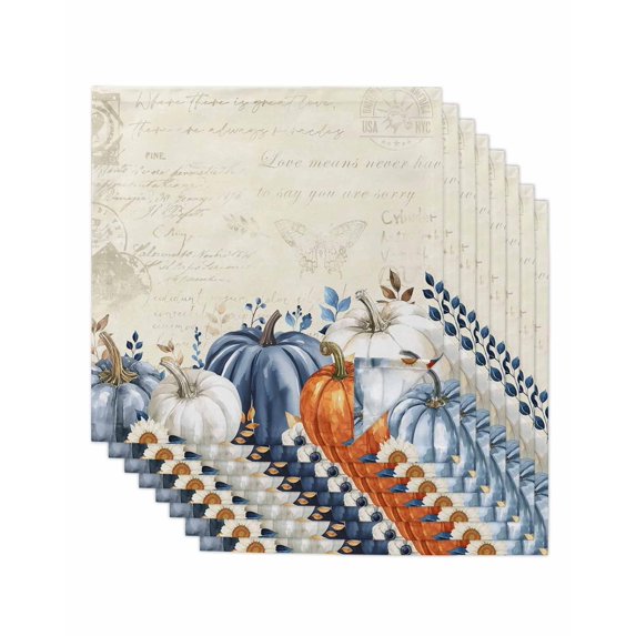Thanksgiving Pumpkin Cloth Napkins Set of 8 Reusable Dinner Napkins, Fall Blue White Orange Plants Cocktail Napkin Washable Table Napkins for Wedding/Holiday Party/Baby Shower 20"x20"