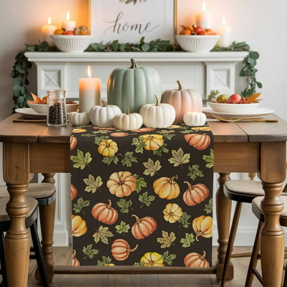 Thanksgiving Pumpkin Cotton Linen Table Runner, Washable Table Runners for Kitchen, Dining Room, Holiday, Home Party Table Decor, 13x108 Inches