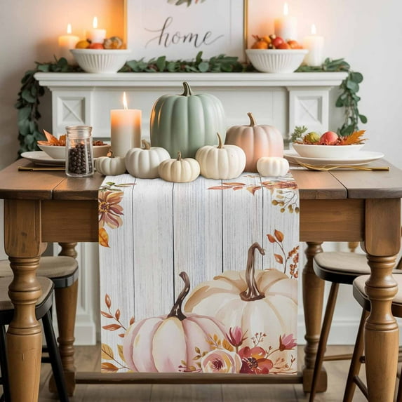 Thanksgiving Pumpkin Cotton Linen Table Runner, Washable Table Runners for Kitchen, Dining Room, Holiday, Home Party Table Decor, 13x120 Inches