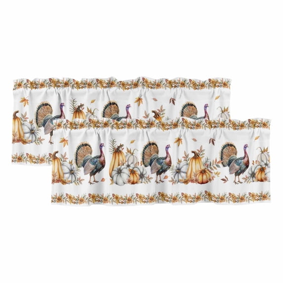 Thanksgiving Pumpkin Curtain Valances for Windows, Kitchen Valance Window Treatments Panel 2 Pack, Turkey Sunflowers Fall Maple Rustic Rod Pocket Short Curtains for Bathroom Bedroom 42 x 18 Inch