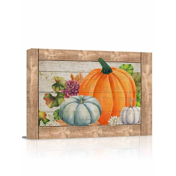 Thanksgiving Pumpkin Dahlia Canvas Print Wall Art Framed Canvas Art Wall Decor Fall Leaf Vintage Wood Grain Pictures Painting Morden Artwork for Living Room Bedroom, Ready to Hang - 12"x16"