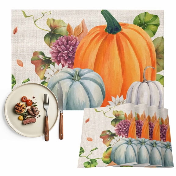 Thanksgiving Pumpkin Dahlia Placemats Set of 1 Fall Leaf Heat Insulated Linen Place Mats, Washable Stain-Proof Table Mats for Dining Tables Holiday Decor 13x19inch