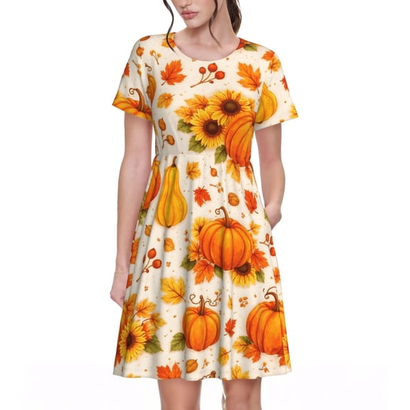Thanksgiving Pumpkin Dresses Short Sleeve Nightdresses for Women
