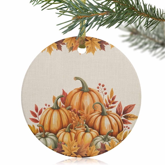 Thanksgiving Pumpkin Fall Maple Leaf Christmas Ceramic Ornament 2025,3" Round Xmas Tree Hanging Accessories with Gold Ribbon